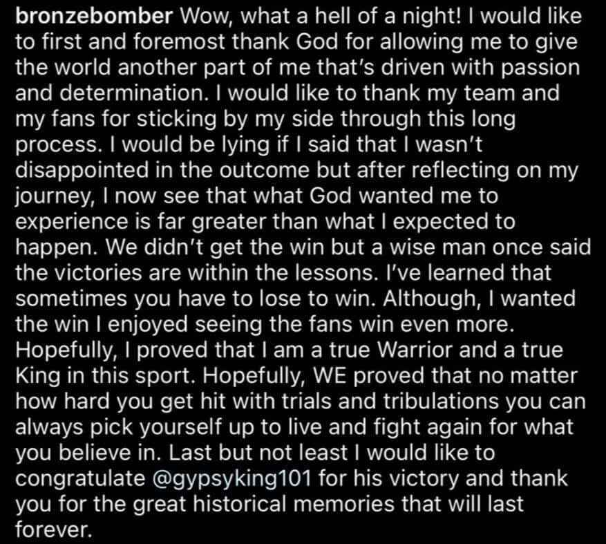 Deontay Wilder statement of Tyson Fury
